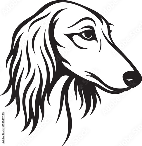 Saluki dog head line art elegant black and white, Graceful sighthound illustration sketch