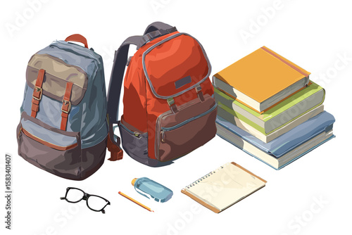 isometric school supplies with backpack, books, and stationery on white background