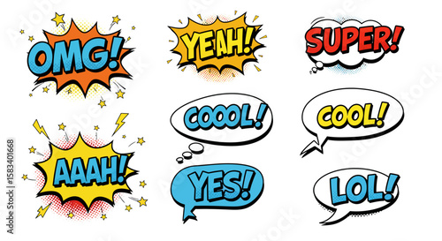 Collection of Eight Vibrant Comic Book Speech Bubbles with Exclamations