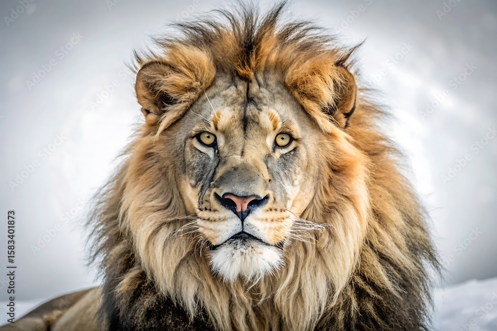 Naklejka premium A majestic male lion gazes forward with piercing eyes and regal mane
