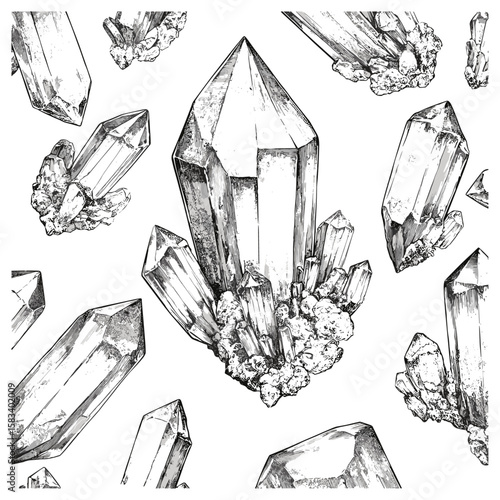 Crystal texture engraving, antique mineral texture, vintage gemstone pattern, jewel background, retro etched design, hand-drawn faceted surface sketch, vector illustration.