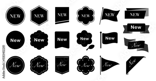 NEWの文字入りモノクロラベル・リボン・バッジ素材セット（シンプル フラット 汎用 アイコン ベクター）