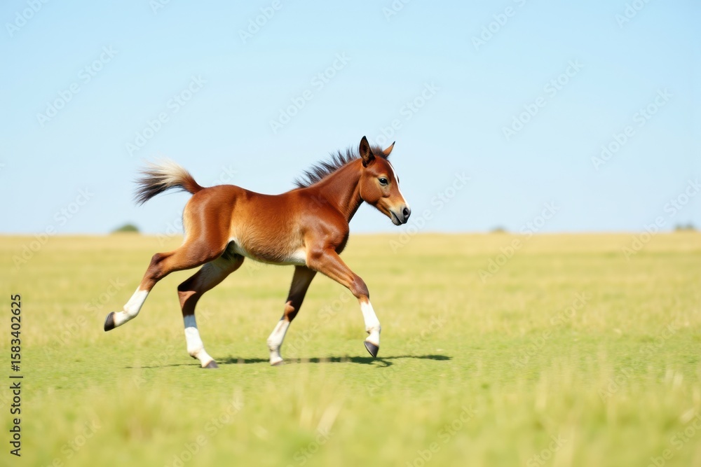Obraz premium A small foal runs freely across a sunlit meadow with soft grass under a blue sky. The foal's legs move quickly in joyful motion