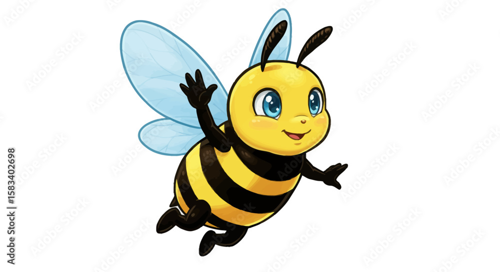 Cartoon Bee with Blue Wings and Smiling Face, Flying Upward Cartoon Bee with Blue Wings and Smiling Face, Flying Upward