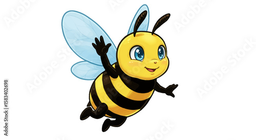 Cartoon Bee with Blue Wings and Smiling Face, Flying Upward