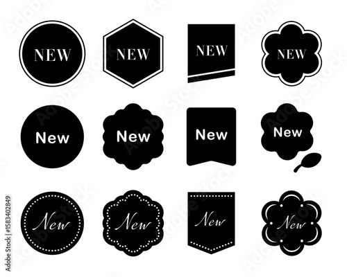 NEWの文字入りモノクロラベル・リボン・バッジ素材セット（シンプル フラット 汎用 アイコン ベクター）