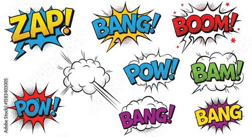 Colorful Comic Book Sound Effects: "ZAP!", "BANG!", "BOOM!" and More.