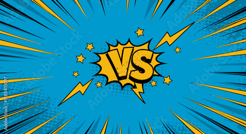 Comic Book Style VS Symbol with Yellow Lightning and Stars on Blue Background