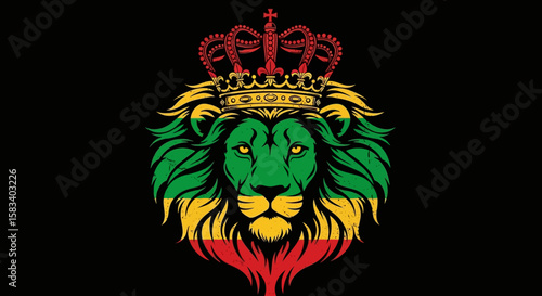 Majestic Lion Head with Crown and Rastafarian Colors, Detailed Design