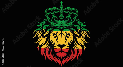 Majestic Lion with Crown, Rastafarian Colors, Detailed Design