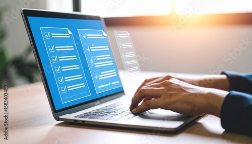 Online survey displayed on a laptop screen with hands typing on the keyboard, symbolizing data entry and form completion.