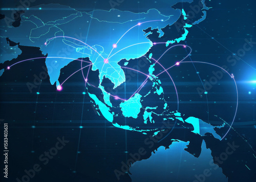 Digital map glowing ASEAN trade routes augmented reality blue background network Southeast Asia technology connection futuristic data visualization. image shows vibrant interconnected region with