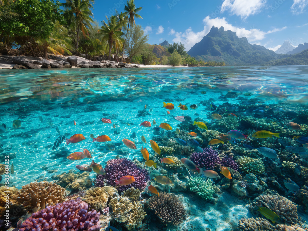 Obraz premium 透明度の高い南国の海でカラフルな熱帯魚がサンゴ礁を泳ぐ美しい風景