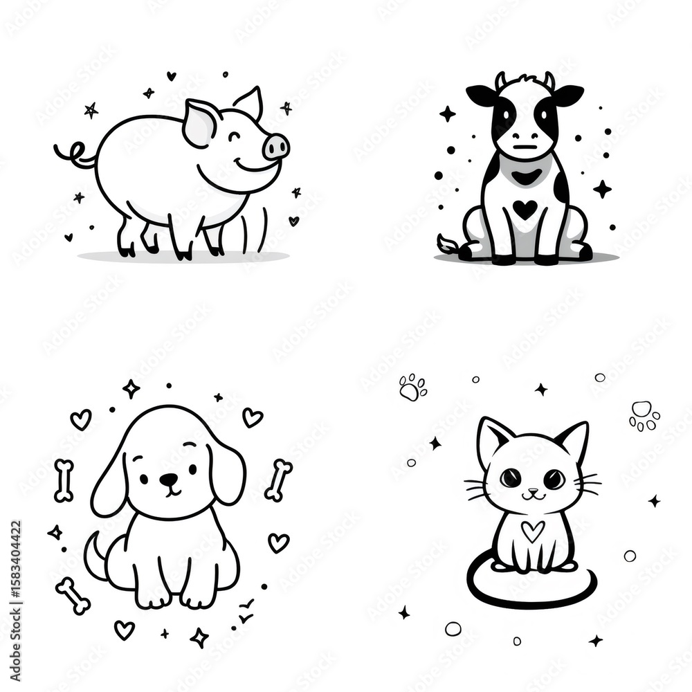Obraz premium Monochrome farm animal and pet illustrations creating engaging visual stimulation for infant learning and developmental materials
