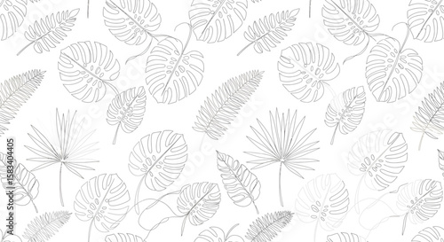 Delicate Outlines of Tropical Leaves Monstera Fern and Palm in Subtle Gray.