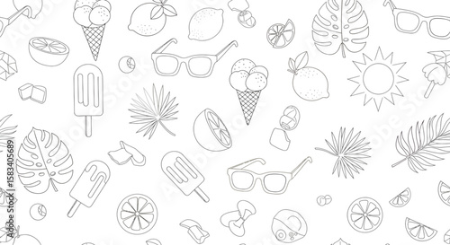 Summer themed line art pattern with lemons ice cream sunglasses and tropical leaves.