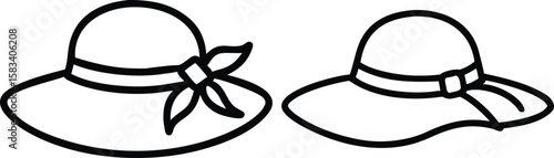 Stylish Women's Summer Hats, Sun Hats, Beach Hats, Fashion Accessories, Outline Vector Illustration