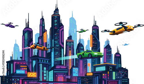 Illustration of futuristic city with flying cars and drones in the sky