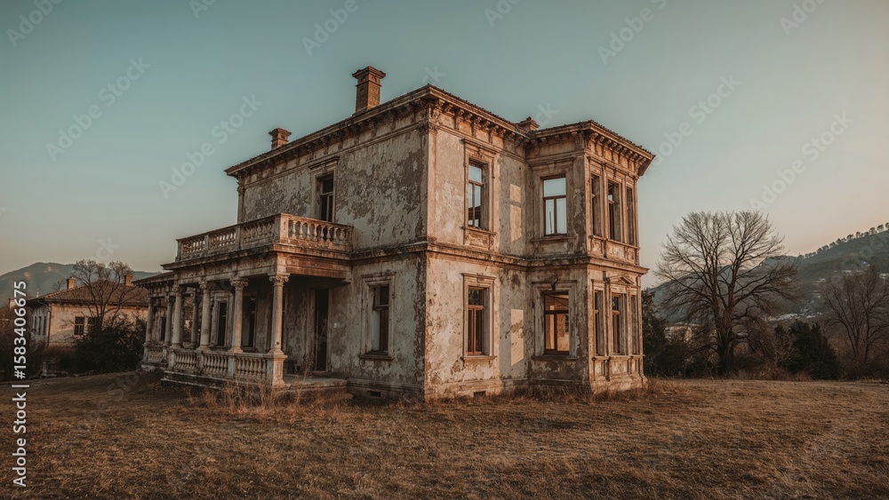 Fototapeta premium Abandoned two-story old house with peeling paint and broken windows surrounded by dry grass and barren trees at sunset