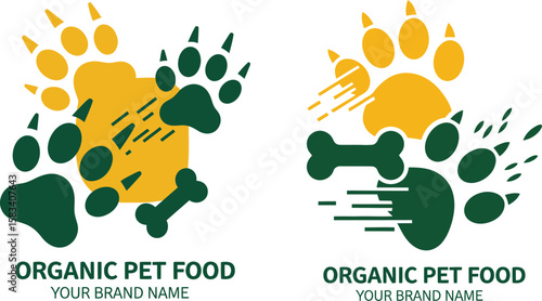Organic Pet Food Logo with Paw Print and Bone Vector, Natural Animal Brand Identity Design