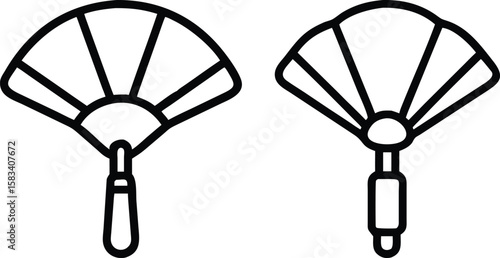 Handheld Folding Fans, Two Styles, Black and White Line Art Illustrations, Simple Design, Vector Graphics