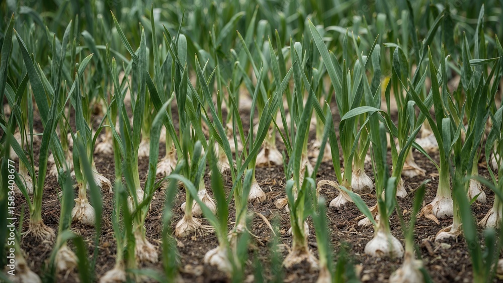 Fototapeta premium Sprouting garlic in an organic garden bed. Focus on sustainable agriculture and preserving nature.