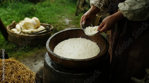 Woman preparing cheese in a wooden bowl