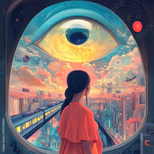 Woman gazing at futuristic city through a large eye