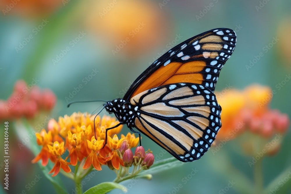 Fototapeta premium Monarch butterfly resting on vibrant orange flower against a blurred colorful background