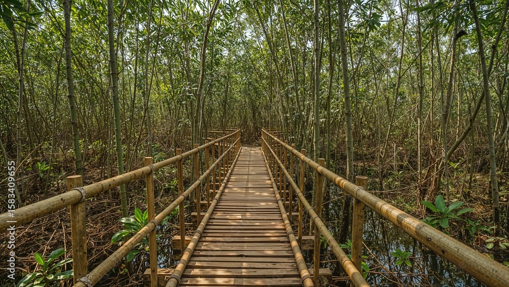 Obraz premium Bamboo bridge pathway in a dense mangrove forest surrounded by small plants and water reflecting the greenery and natural habitat.