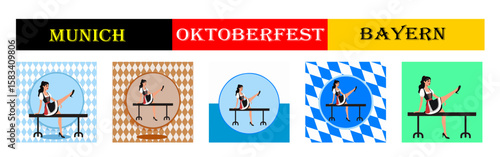 From the Oktoberfest series, set of  girl in a dirndl sits on a table in a playful pose against a backdrop of various Bavarian patterns and backgrounds.