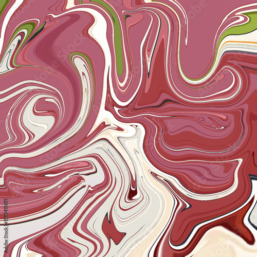 Vibrant abstract swirl art in red, cream, and olive green tones. Bold fluid texture creates a dynamic flow. Perfect for modern backgrounds or artistic prints.
