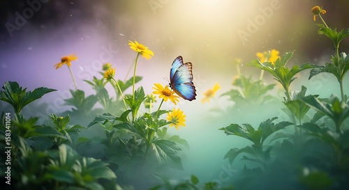 Wallpaper Mural A vibrant butterfly rests gently on a colorful flower, its beautiful wings a stunning splash of orange and yellow against the green grass of a summer garden Torontodigital.ca