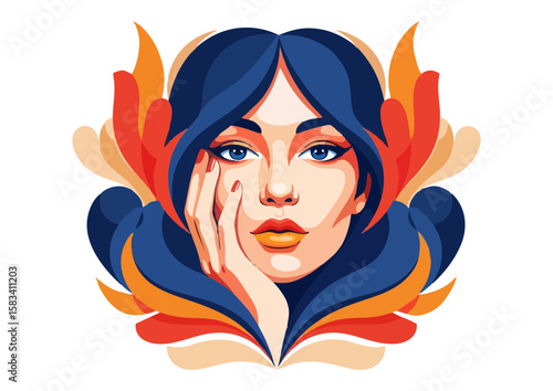 Stylized portrait of a woman with colorful hair and a contemplative expression