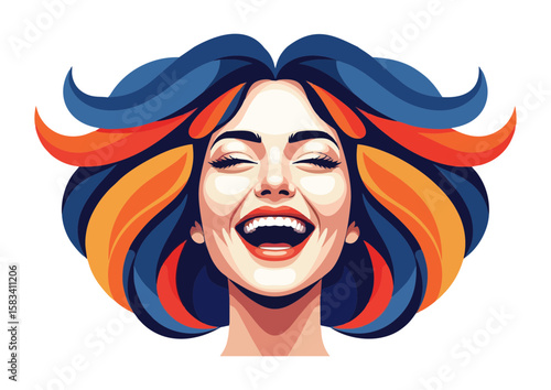 Joyful stylized portrait of a woman laughing with colorful hair and a vibrant expression