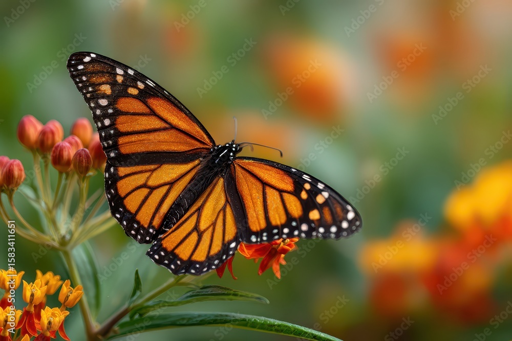 Monarch butterfly rests on vibrant flowers with a backdrop of blurred colors and greenery Monarch butterfly rests on vibrant flowers with a backdrop of blurred colors and greenery