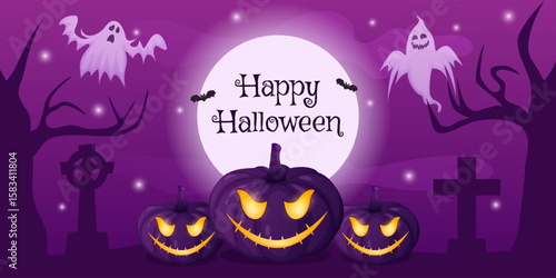 Halloween pumpkins with glowing scare faces on spooky purple cloudy night background with graveyard , ghosts and bat. Festive holiday greeting banner.