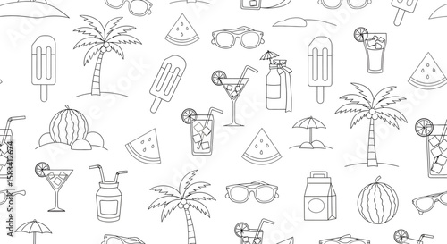 Summer themed line art pattern with palm trees drinks ice cream and sunglasses.