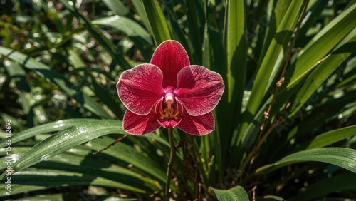 An exquisite scarlet orchid flourishing in the yard