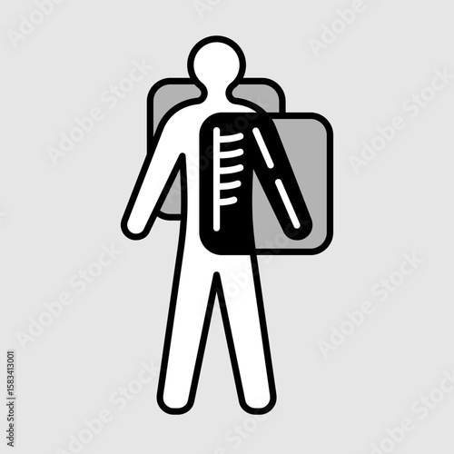 Body scan with xray machine icon. Standing man silhouette behind the x-ray screen with visible bones inside. X ray procedure simple line symbol. Editable stroke.