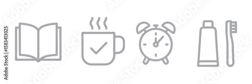 Reading book essentials: pillow, mug, plant, book, lamp, glasses, window, clock