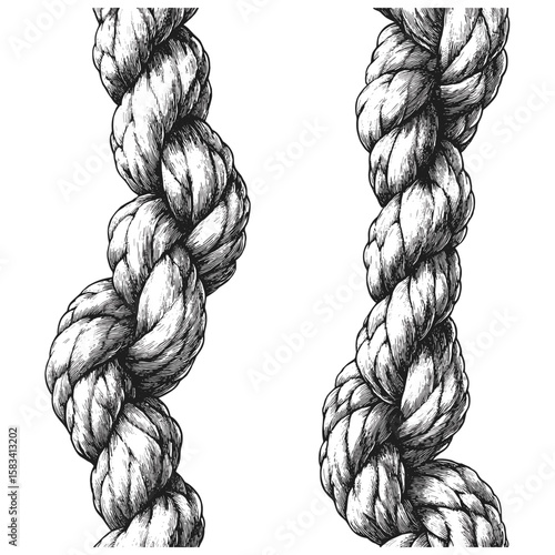 Engraved braided rope texture, vintage climbing detail, hand-drawn knot sketch pattern, antique nautical texture, retro thread design, vector illustration, marine rope art.
