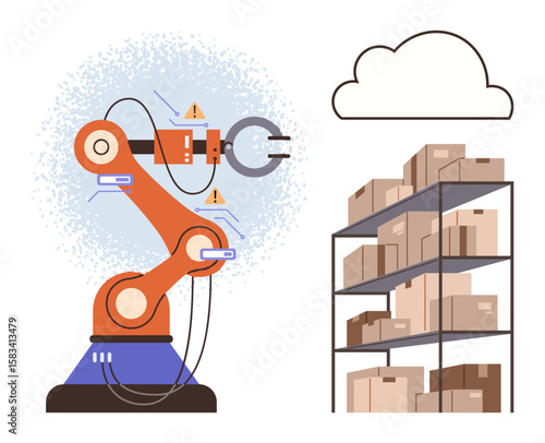 Robotic arm interacting with stored boxes, cloud icon indicating IoT synchronization. Ideal for technology, innovation, AI logistics, smart industry, automation, warehouse management, digital