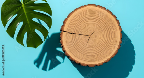 A green monstera leaf and a wooden log slice on a bright blue background