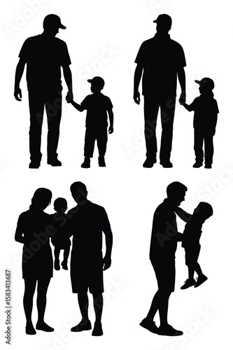 Silhouette set of adults interacting with children including handholding, lifting, and embracing gestures on white background for family themes