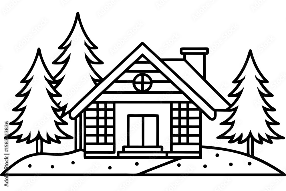 Fototapeta premium Mountain Lodge Winter Outline Illustration
