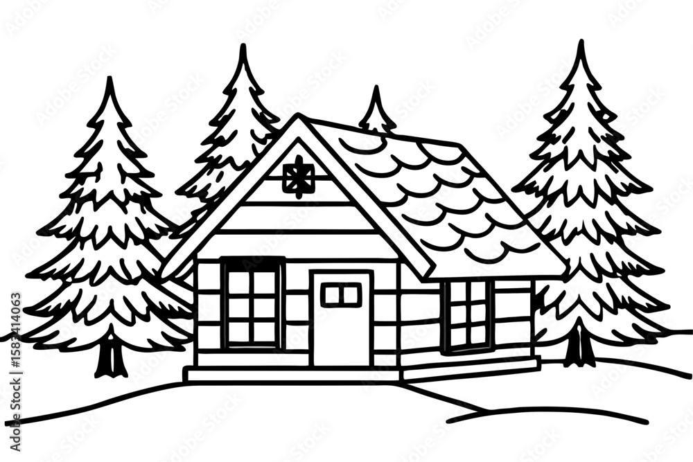 Obraz premium Mountain Lodge Winter Outline Illustration