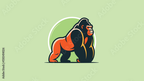 Stylized illustration of a powerful orange gorilla with black accents in dominant stance on green background with circular white emphasis