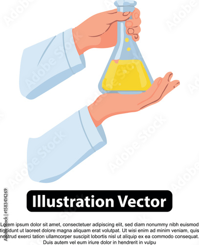 Hands in lab coat sleeves holding a flask with yellow liquid, showcasing scientific research or experiment.
