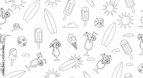 Summer themed seamless pattern with surfboards cocktails ice cream and suns.